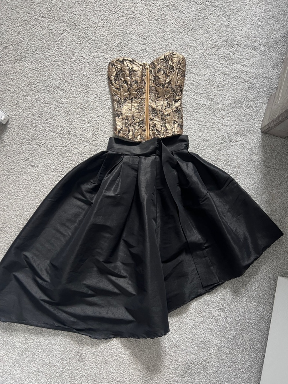Strapless Gold Brocade Bustier with seperate High-Low Black Skirt